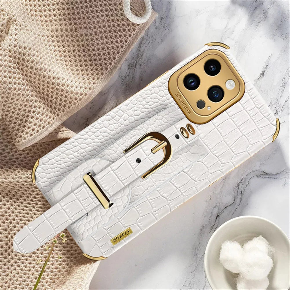 For iPhone 13 Pro 6.1 inch Crocodile Texture Strap Kickstand Phone Case Electroplating Leather Coated TPU Cover - White - 2