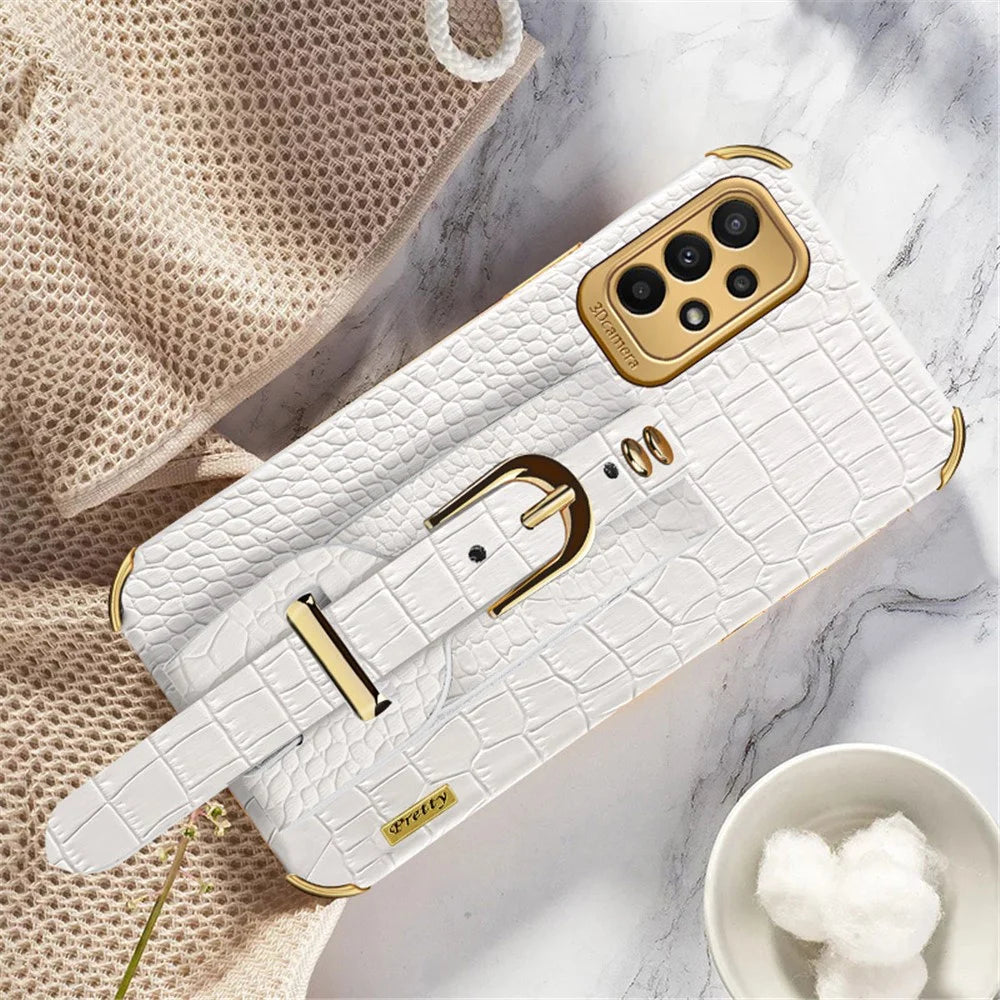 For Samsung Galaxy A23 5G (Global Version) / A23 4G Leather Coated TPU Mobile Cover Crocodile Texture Electroplated Case with Wristband - White - 2