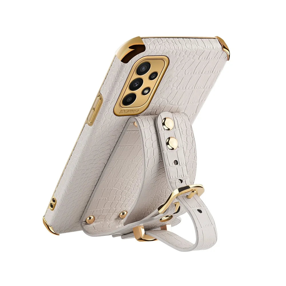 For Samsung Galaxy A23 5G (Global Version) / A23 4G Leather Coated TPU Mobile Cover Crocodile Texture Electroplated Case with Wristband - White - 4