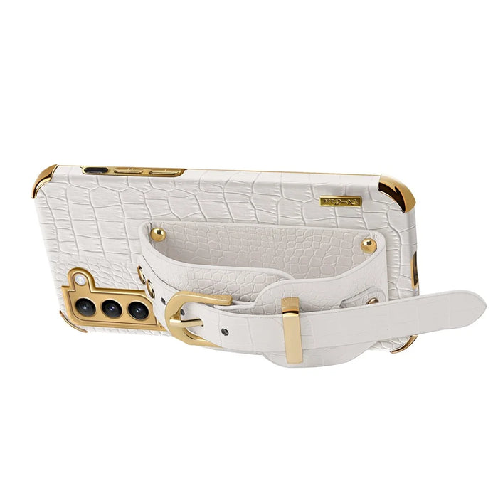 For Samsung Galaxy S23+ Crocodile Texture Leather Coated TPU Phone Case 6D Electroplating Wristband Back Cover - White - 3