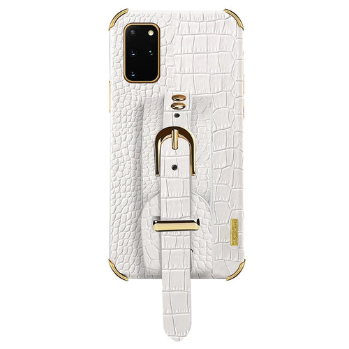 For Samsung Galaxy S20 Plus 5G / 4G Crocodile Texture Wristband Case 6D Electroplating PU Leather + TPU Phone Cover - White - 1