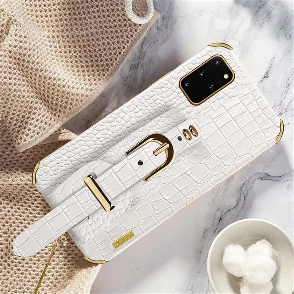 For Samsung Galaxy S20 Plus 5G / 4G Crocodile Texture Wristband Case 6D Electroplating PU Leather + TPU Phone Cover - White - 2