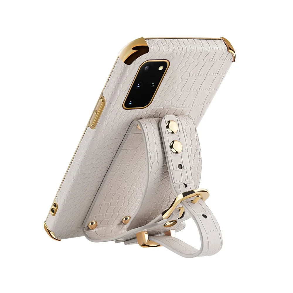 For Samsung Galaxy S20 Plus 5G / 4G Crocodile Texture Wristband Case 6D Electroplating PU Leather + TPU Phone Cover - White - 4