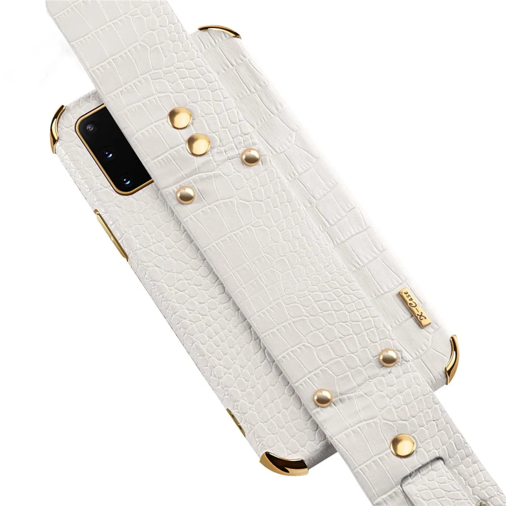 For Samsung Galaxy S20 Plus 5G / 4G Crocodile Texture Wristband Case 6D Electroplating PU Leather + TPU Phone Cover - White - 6