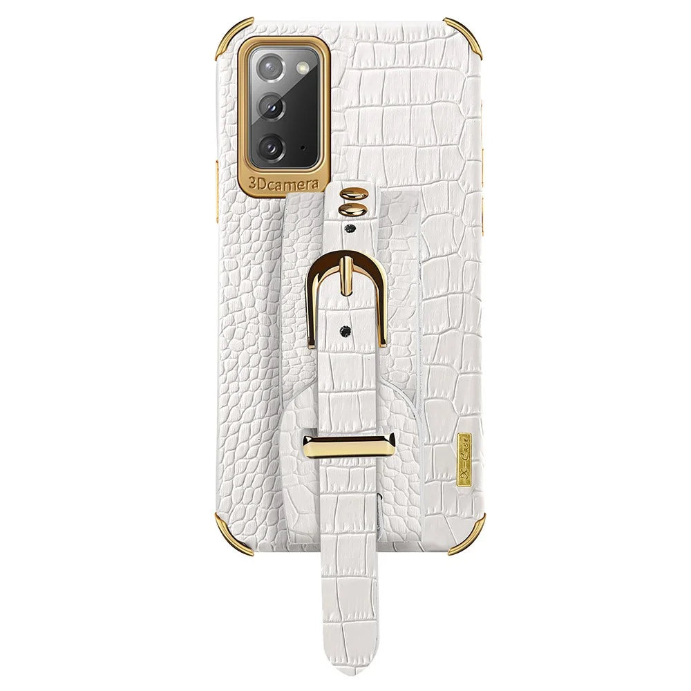 For Samsung Galaxy Note20 5G / Note20 Crocodile Texture Wristband Phone Case 6D Electroplating Leather Coated TPU Cover - White - 1
