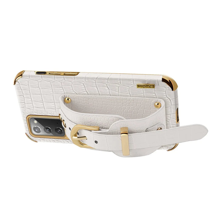 For Samsung Galaxy Note20 5G / Note20 Crocodile Texture Wristband Phone Case 6D Electroplating Leather Coated TPU Cover - White - 3
