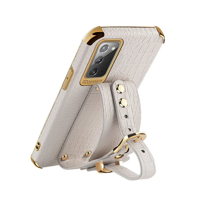 For Samsung Galaxy Note20 5G / Note20 Crocodile Texture Wristband Phone Case 6D Electroplating Leather Coated TPU Cover - White - 4