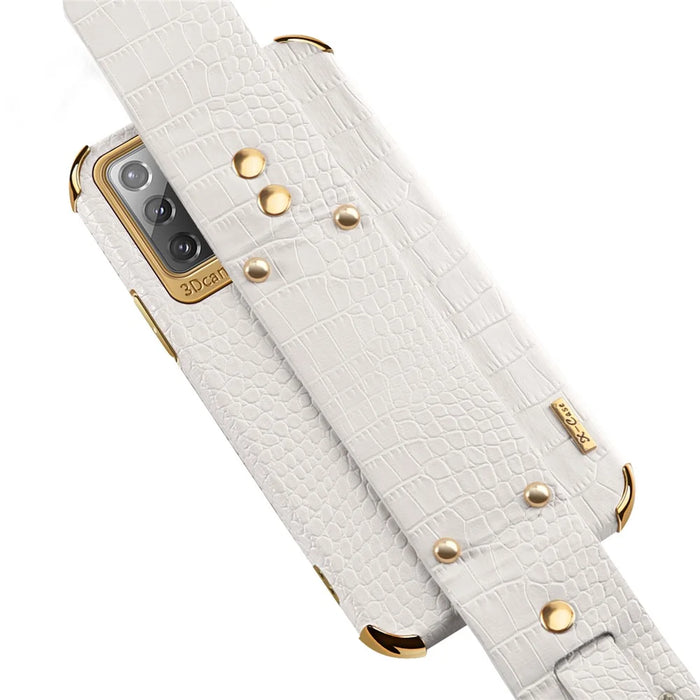 For Samsung Galaxy Note20 5G / Note20 Crocodile Texture Wristband Phone Case 6D Electroplating Leather Coated TPU Cover - White - 6