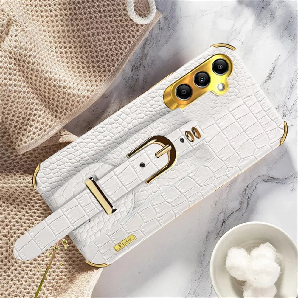For Samsung Galaxy A24 4G (162.1 x 77.6 x 8.3mm) Wristband Phone Cover Crocodile Texture Electroplating PU Leather + TPU Protective Case - White - 2