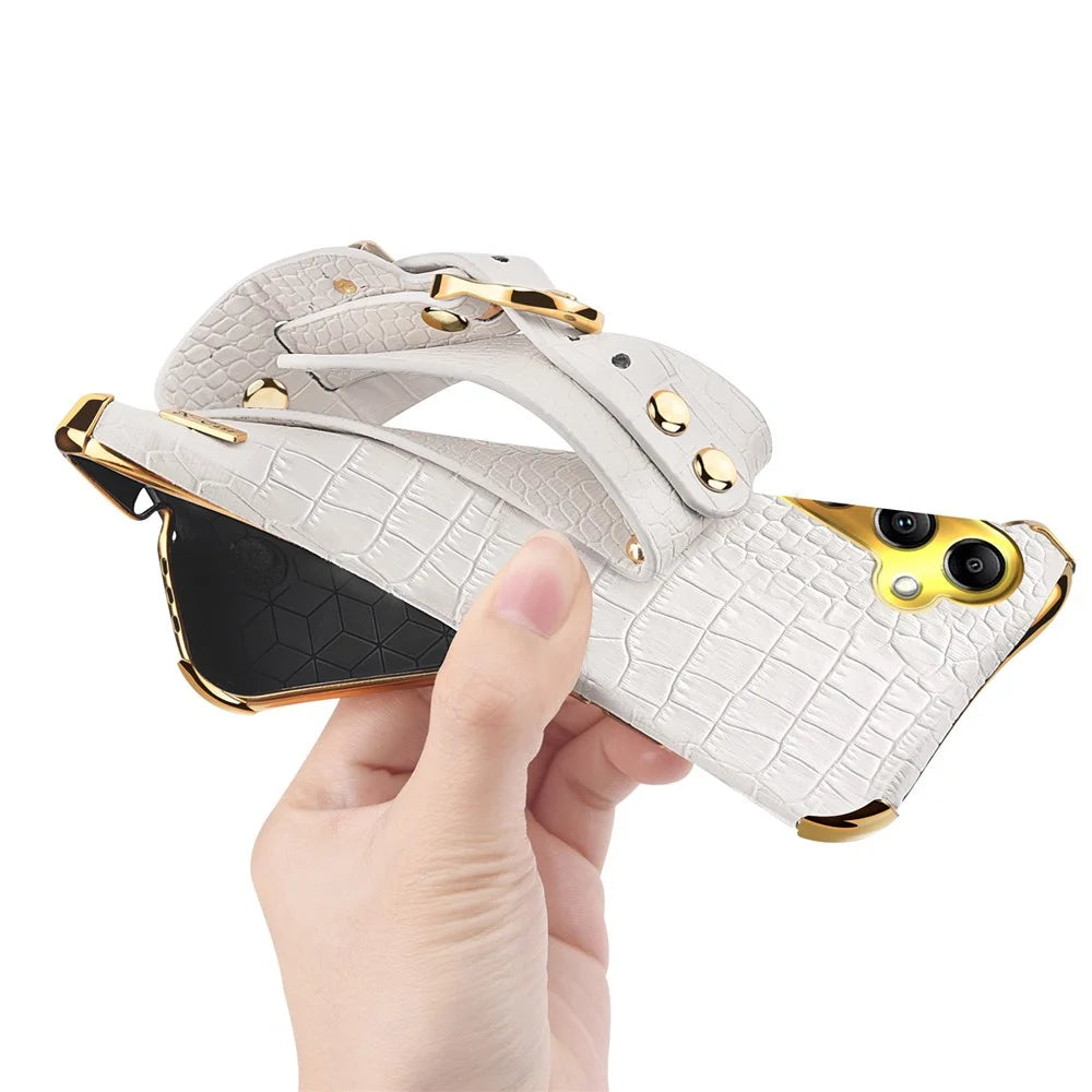 For Samsung Galaxy A24 4G (162.1 x 77.6 x 8.3mm) Wristband Phone Cover Crocodile Texture Electroplating PU Leather + TPU Protective Case - White - 5