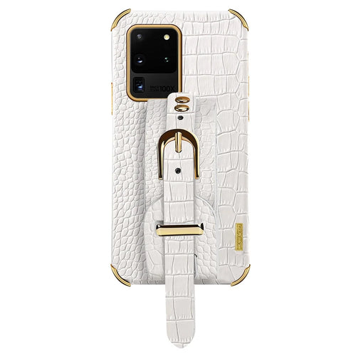 For Samsung Galaxy S20 Ultra Crocodile Texture Leather Coated TPU Phone Case 6D Electroplating Anti-drop Cover with Wristband - White - 1