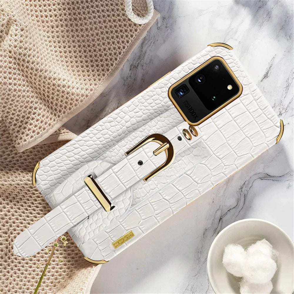 For Samsung Galaxy S20 Ultra Crocodile Texture Leather Coated TPU Phone Case 6D Electroplating Anti-drop Cover with Wristband - White - 2