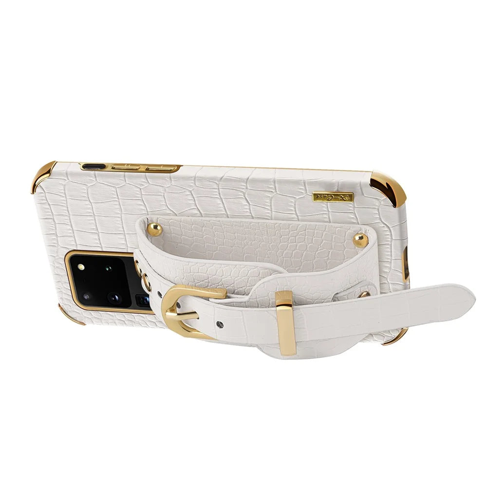For Samsung Galaxy S20 Ultra Crocodile Texture Leather Coated TPU Phone Case 6D Electroplating Anti-drop Cover with Wristband - White - 3