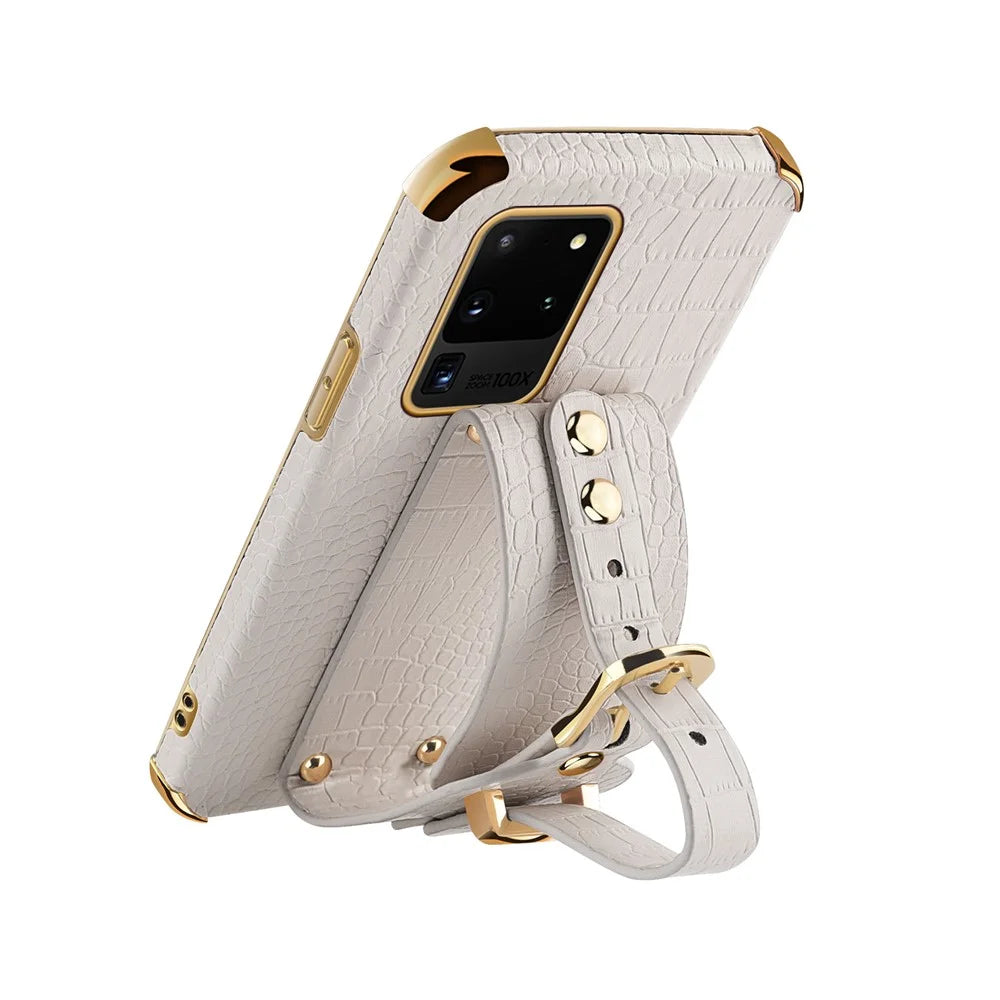 For Samsung Galaxy S20 Ultra Crocodile Texture Leather Coated TPU Phone Case 6D Electroplating Anti-drop Cover with Wristband - White - 4