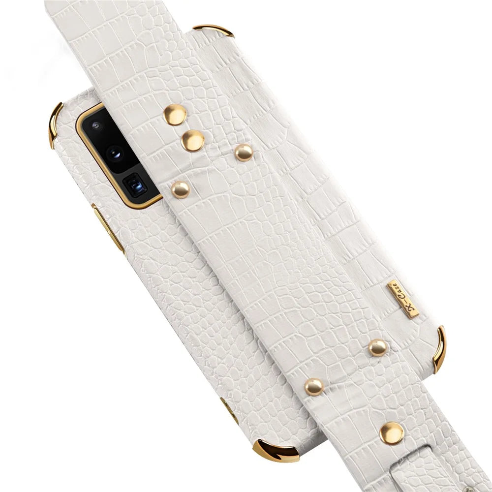 For Samsung Galaxy S20 Ultra Crocodile Texture Leather Coated TPU Phone Case 6D Electroplating Anti-drop Cover with Wristband - White - 6