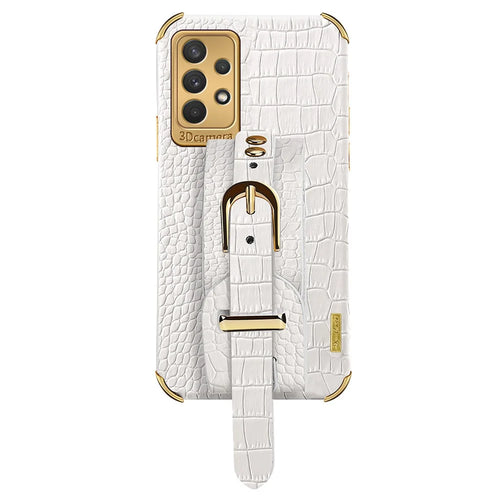 Crocodile Texture Electroplating Case for Samsung Galaxy A32 4G (EU Version) Precise Cutout Phone Case with Hand Strap Kickstand - White - 1