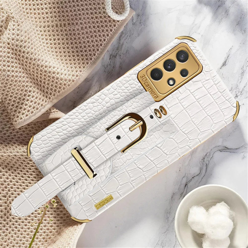 Crocodile Texture Electroplating Case for Samsung Galaxy A32 4G (EU Version) Precise Cutout Phone Case with Hand Strap Kickstand - White - 2
