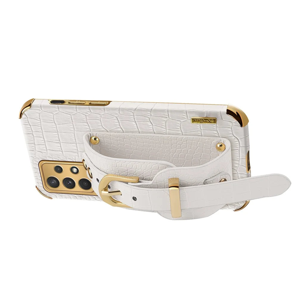 Crocodile Texture Electroplating Case for Samsung Galaxy A32 4G (EU Version) Precise Cutout Phone Case with Hand Strap Kickstand - White - 3