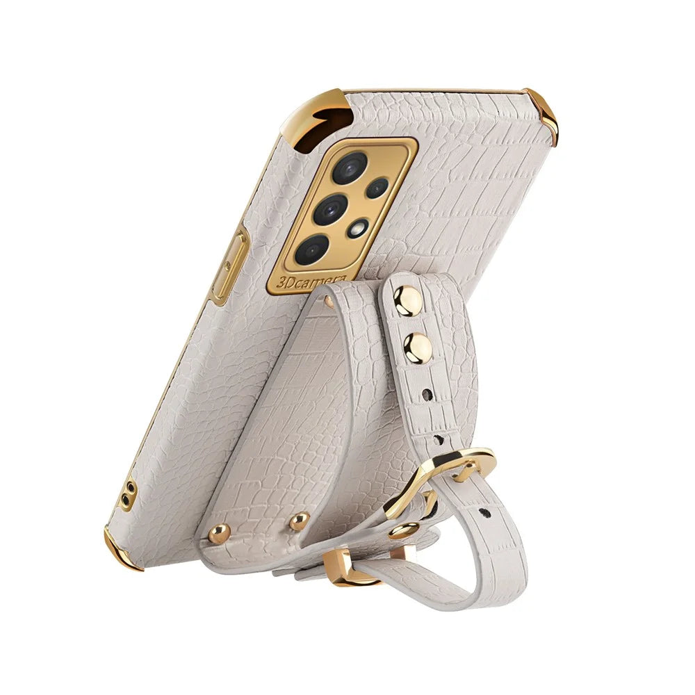 Crocodile Texture Electroplating Case for Samsung Galaxy A32 4G (EU Version) Precise Cutout Phone Case with Hand Strap Kickstand - White - 4