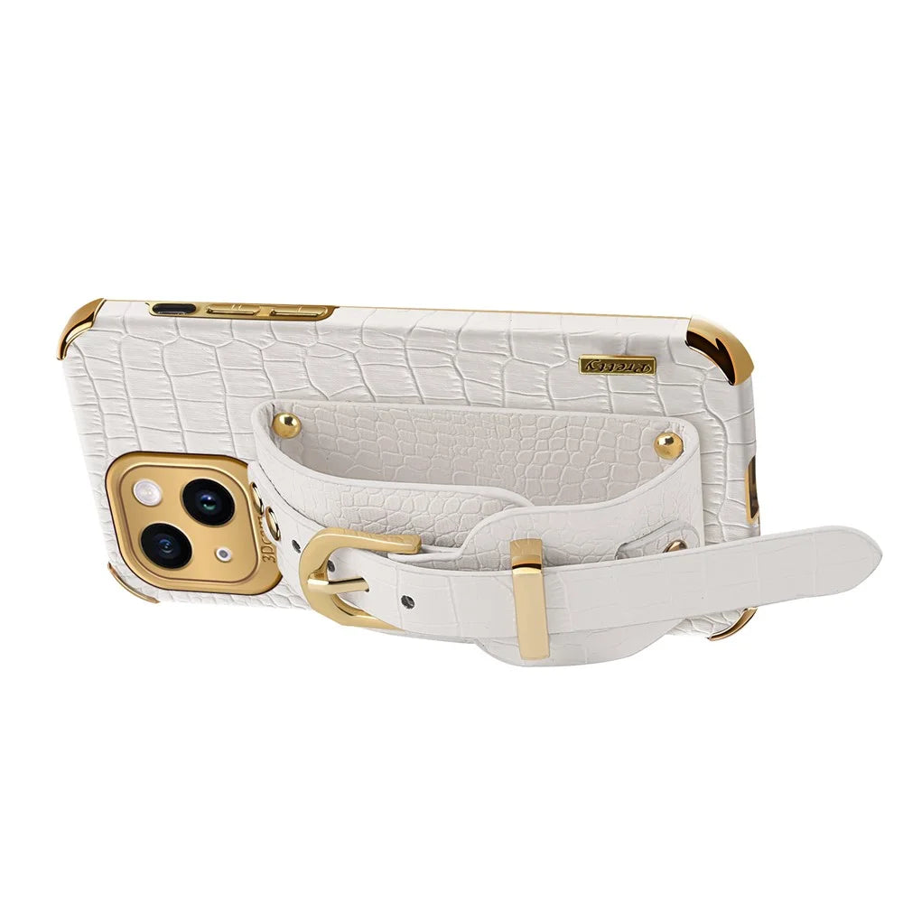 Anti-Drop Phone Cover for iPhone 14 Crocodile Texture Electroplating Phone Case with Hand Strap Kickstand - White - 3