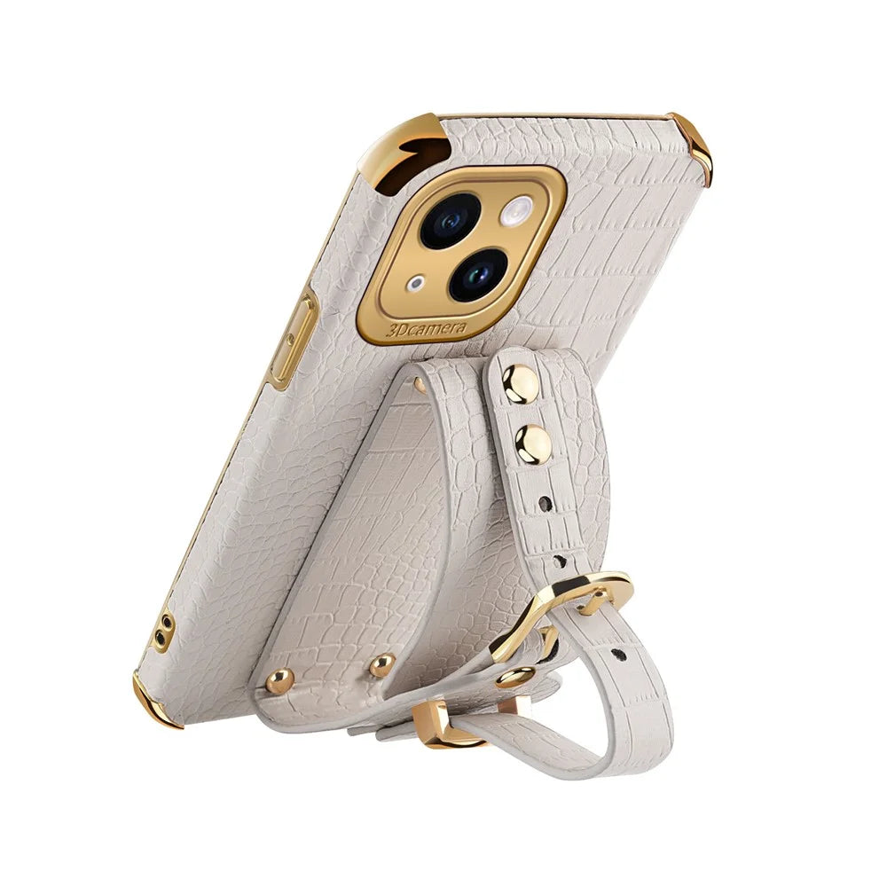 Anti-Drop Phone Cover for iPhone 14 Crocodile Texture Electroplating Phone Case with Hand Strap Kickstand - White - 4