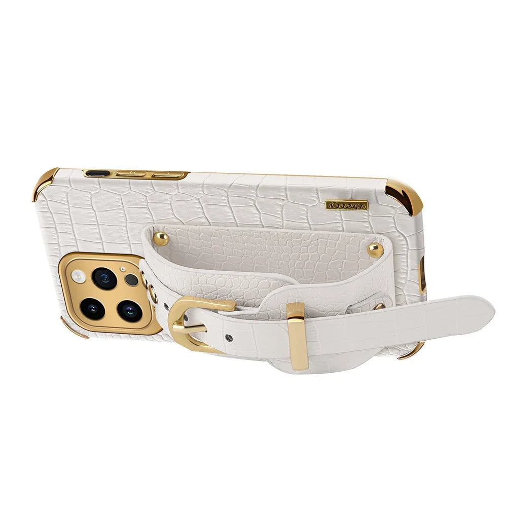 Crocodile Texture Protective Case for iPhone 14 Pro Max Electroplating Phone Case with Hand Strap Kickstand - White - 3