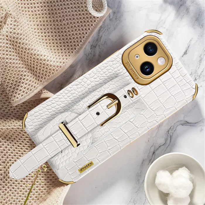 Electroplating Phone Case for iPhone 14 Plus Protective Case with Hand Strap Kickstand - White - 2