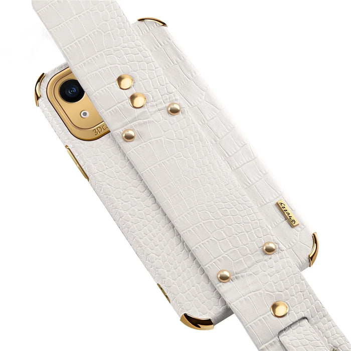 Electroplating Phone Case for iPhone 14 Plus Protective Case with Hand Strap Kickstand - White - 6