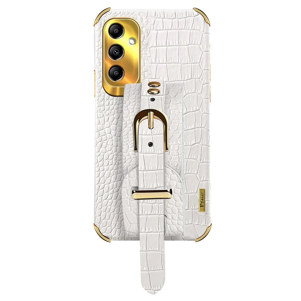 For Samsung Galaxy A14 5G / 4G Leather Coated TPU Cover Electroplated Crocodile Texture Mobile Case with Wristband - White - 1