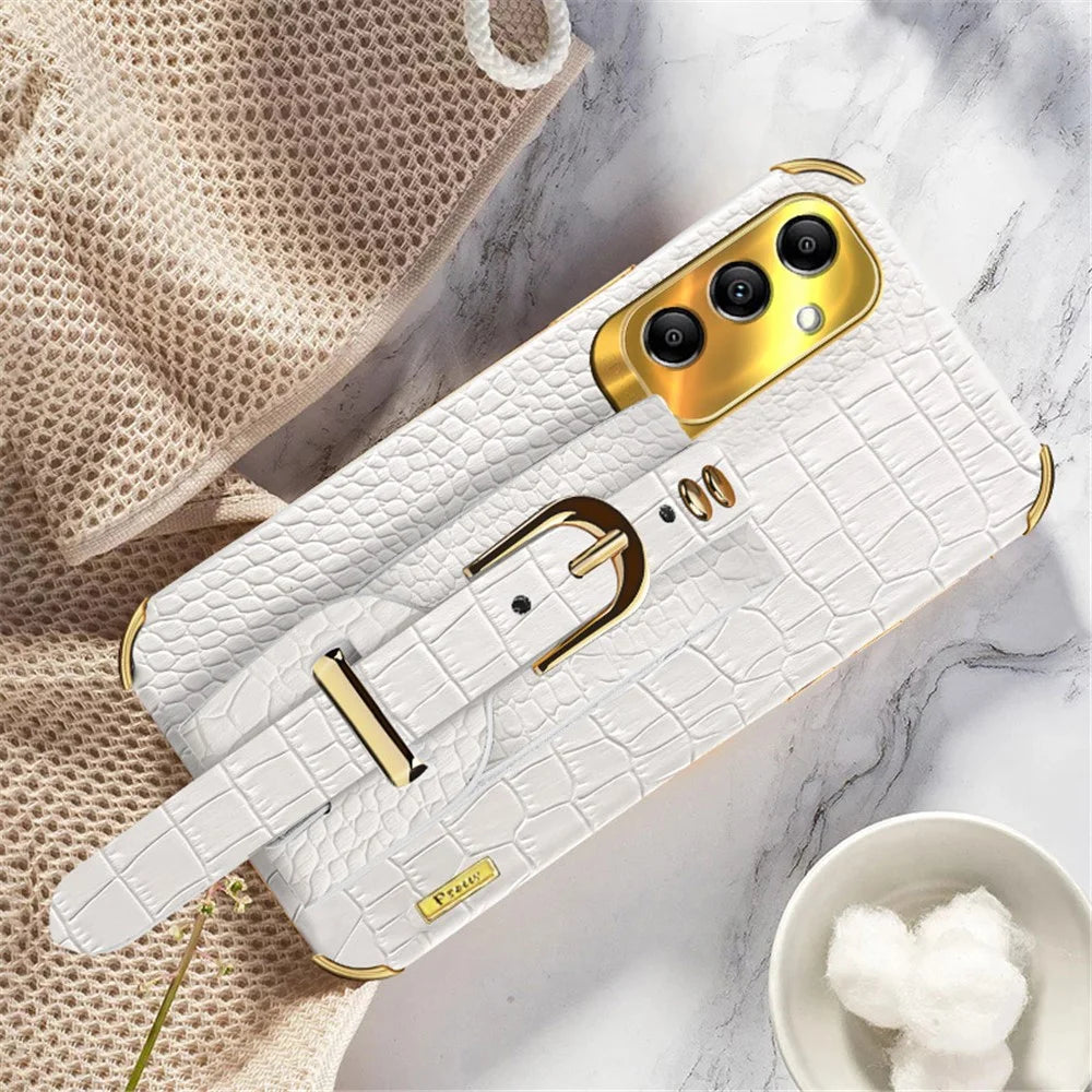 For Samsung Galaxy A14 5G / 4G Leather Coated TPU Cover Electroplated Crocodile Texture Mobile Case with Wristband - White - 2