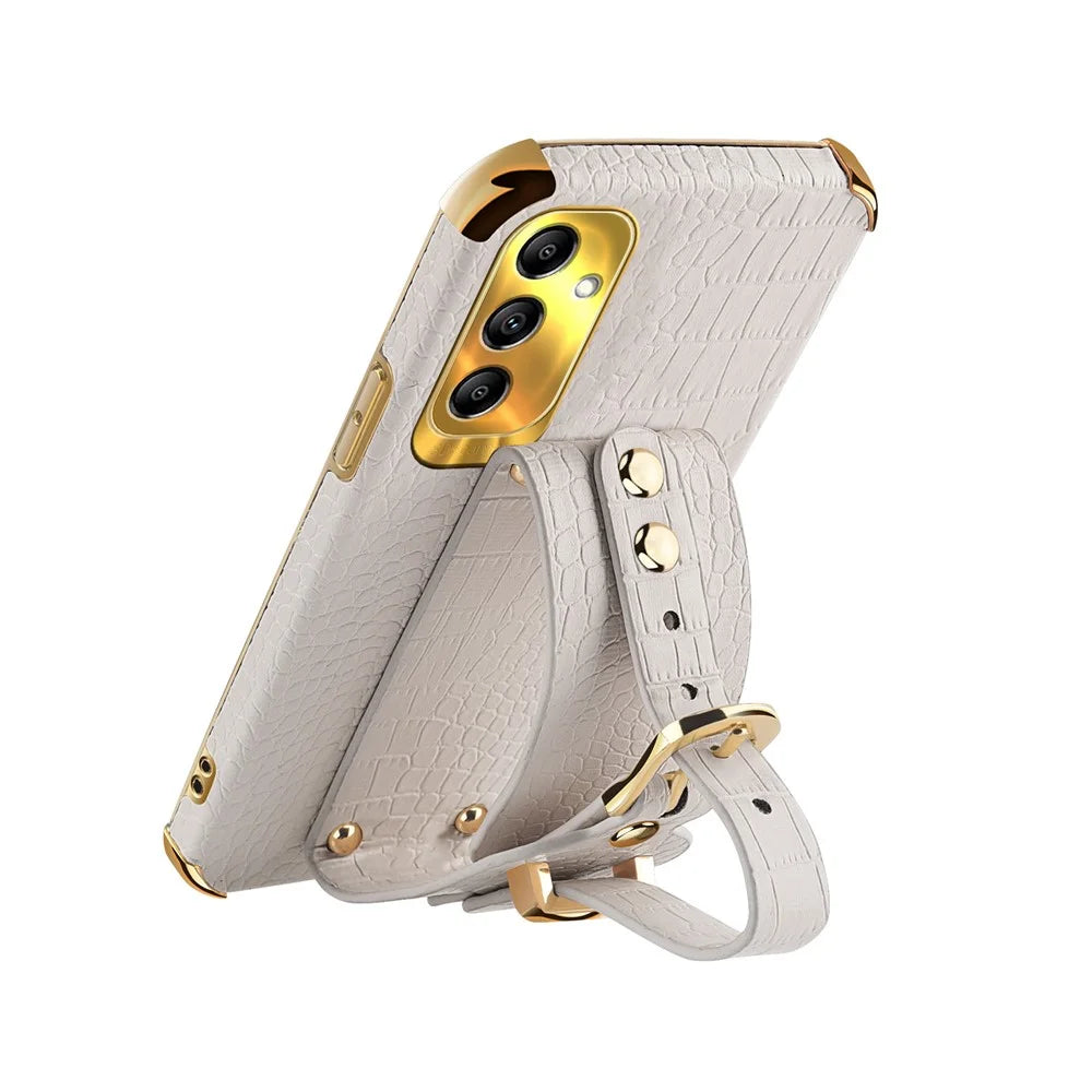 For Samsung Galaxy A14 5G / 4G Leather Coated TPU Cover Electroplated Crocodile Texture Mobile Case with Wristband - White - 4