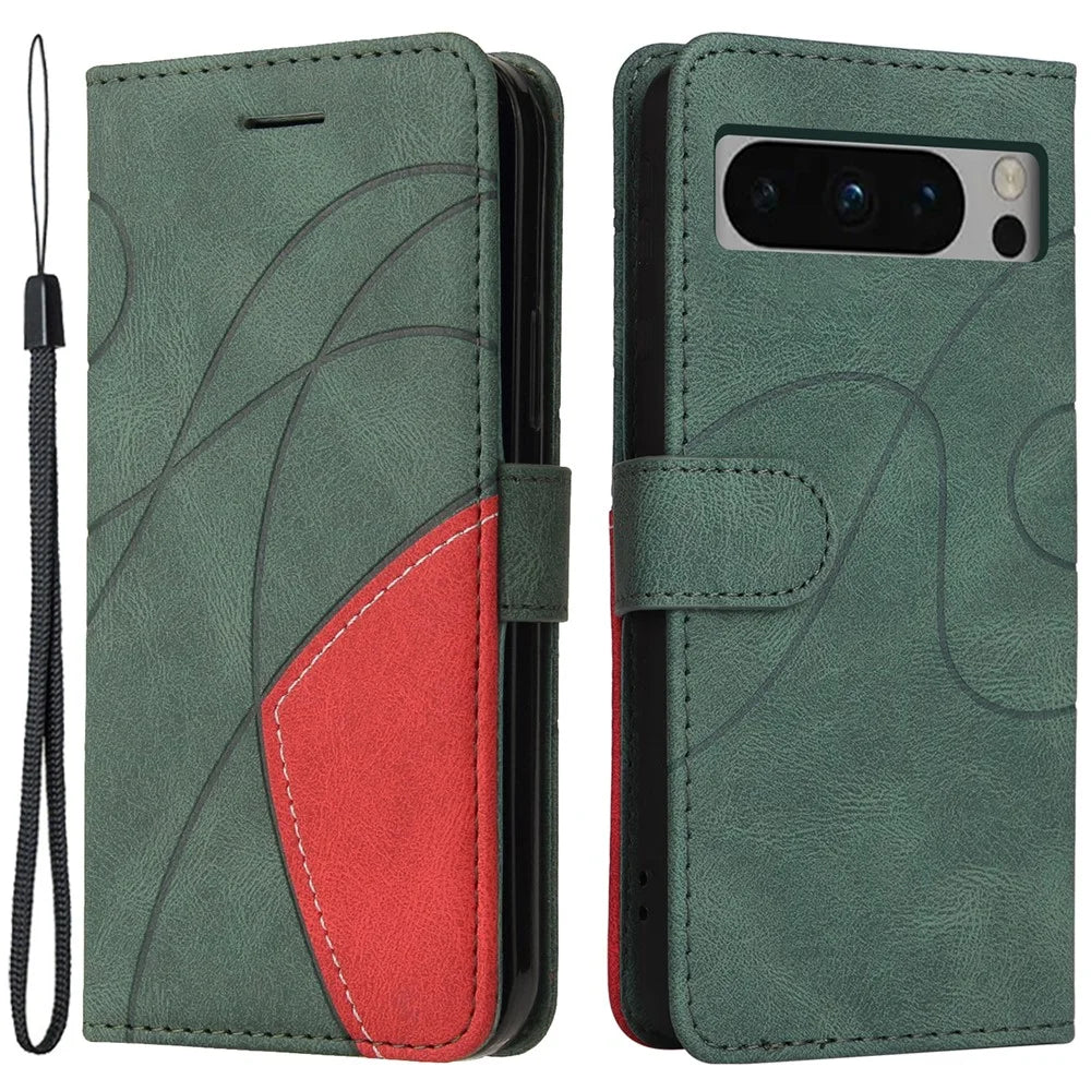 For Google Pixel 8 Pro Leather Case Wallet Stand Color Splicing Phone Cover - Green - 1