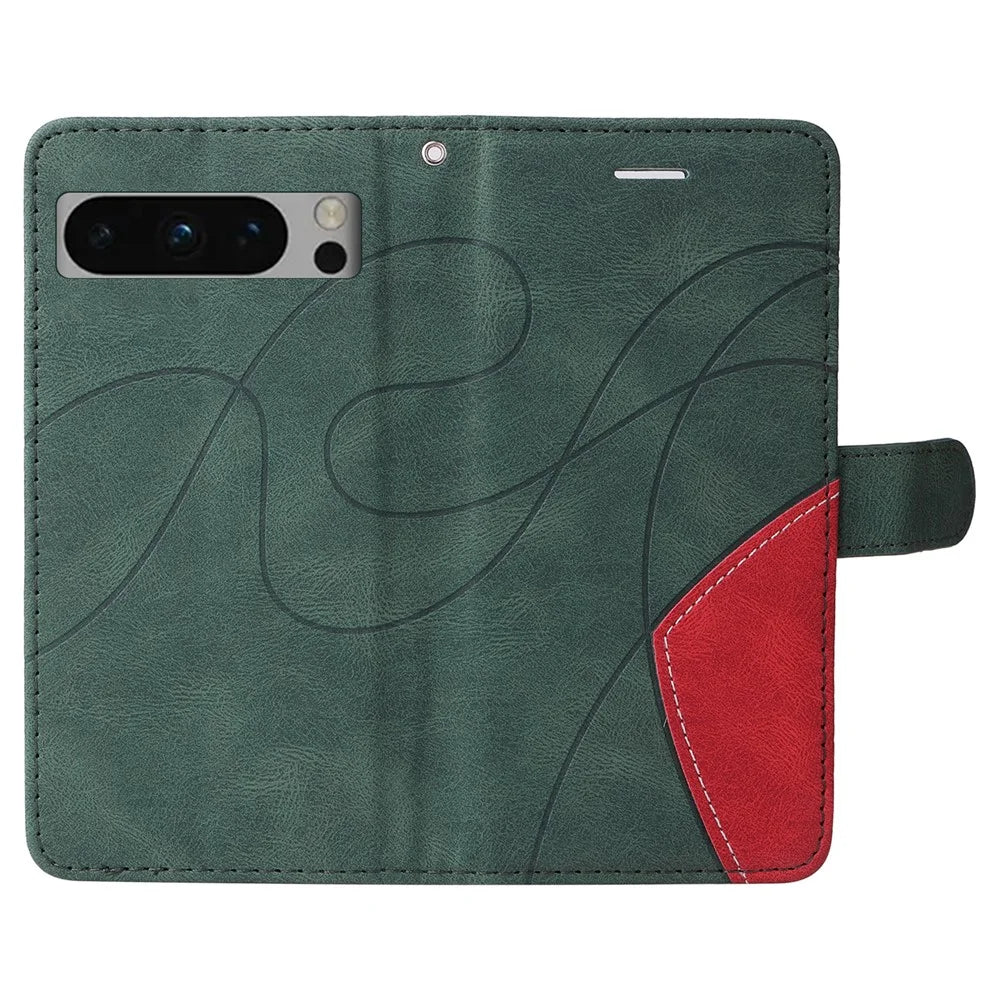 For Google Pixel 8 Pro Leather Case Wallet Stand Color Splicing Phone Cover - Green - 5
