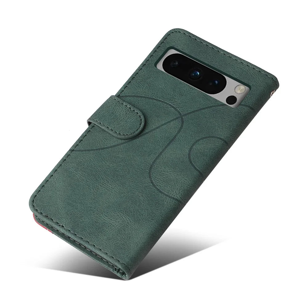 For Google Pixel 8 Pro Leather Case Wallet Stand Color Splicing Phone Cover - Green - 6