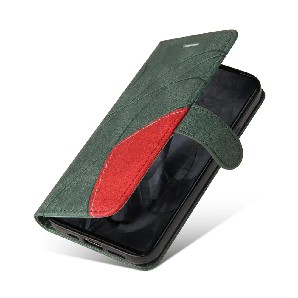 For Google Pixel 8 Pro Leather Case Wallet Stand Color Splicing Phone Cover - Green - 7
