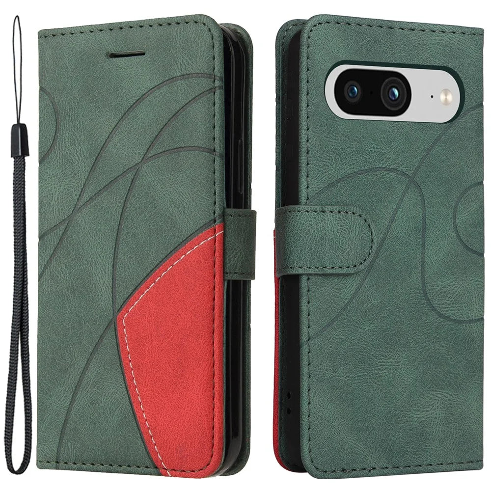 For Google Pixel 8 Leather Case Wallet Stand Color Splicing Phone Cover - Green - 1