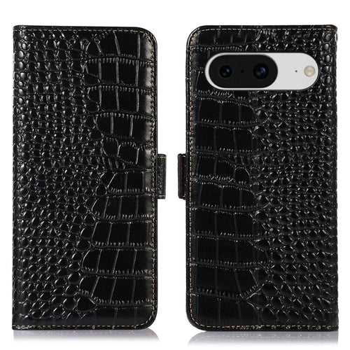Flip Case for Google Pixel 8 Genuine Cowhide Leather Crocodile Texture RFID Blocking Wallet Stand Phone Cover - Black - 1