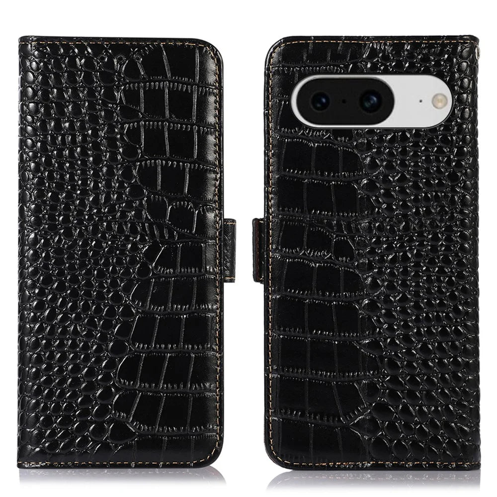 Flip Case for Google Pixel 8 Genuine Cowhide Leather Crocodile Texture RFID Blocking Wallet Stand Phone Cover - Black - 1