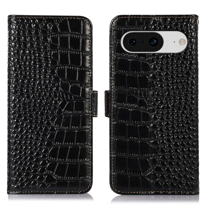 Flip Case for Google Pixel 8 Genuine Cowhide Leather Crocodile Texture RFID Blocking Wallet Stand Phone Cover - Black - 1
