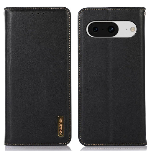 KHAZNEH For Google Pixel 8 RFID Blocking Phone Cover Genuine Cowhide Leather Case with Stand Wallet - Black - 1
