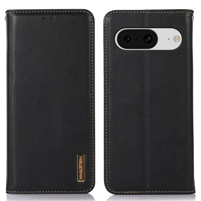 KHAZNEH For Google Pixel 8 RFID Blocking Phone Cover Genuine Cowhide Leather Case with Stand Wallet - Black - 1