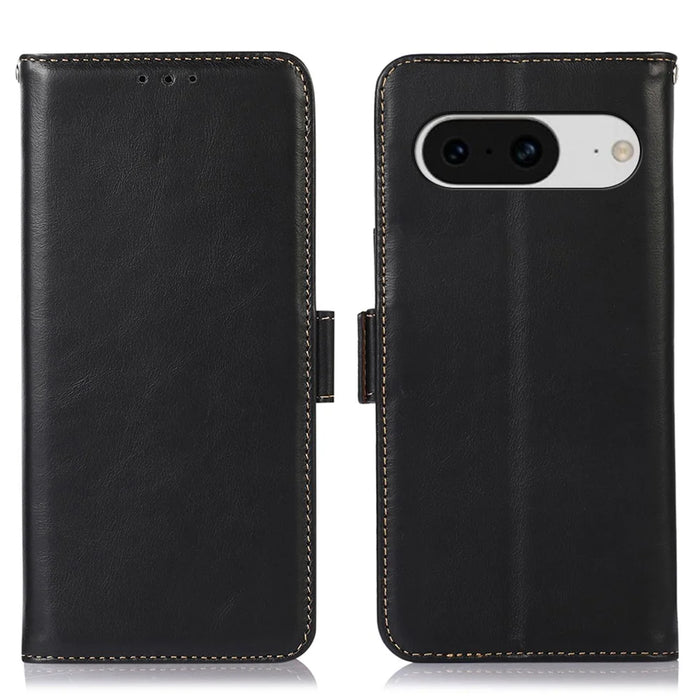 For Google Pixel 8 RFID Blocking Phone Case Genuine Cowhide Leather Cover with Stand Wallet - Black - 1