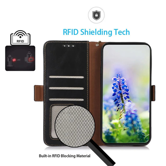 For Google Pixel 8 RFID Blocking Phone Case Genuine Cowhide Leather Cover with Stand Wallet - Black - 4