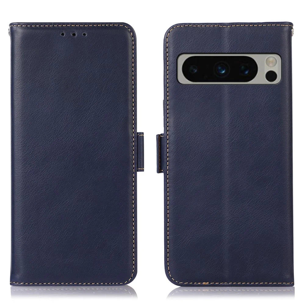 For Google Pixel 8 Pro RFID Blocking Genuine Cowhide Leather Case Wallet Stand Phone Cover - Blue - 1