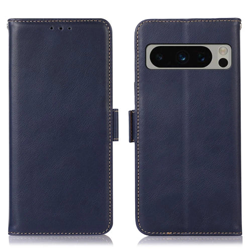 For Google Pixel 8 Pro RFID Blocking Genuine Cowhide Leather Case Wallet Stand Phone Cover - Blue - 1