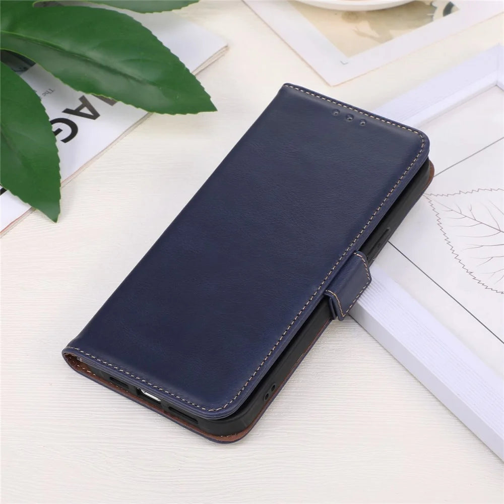 For Google Pixel 8 Pro RFID Blocking Genuine Cowhide Leather Case Wallet Stand Phone Cover - Blue - 7