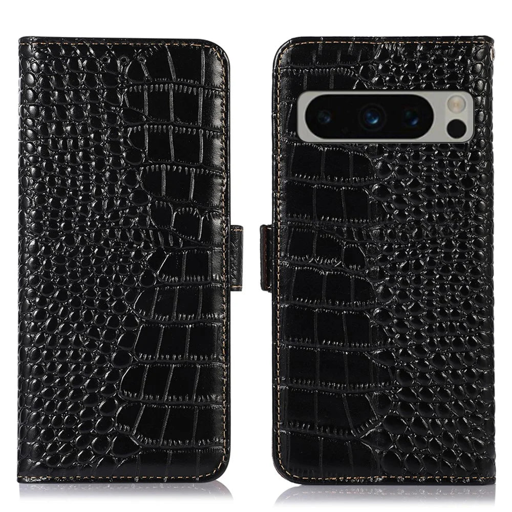 For Google Pixel 8 Pro RFID Blocking Genuine Cowhide Leather Crocodile Texture Case Wallet Stand Phone Cover - Black - 1