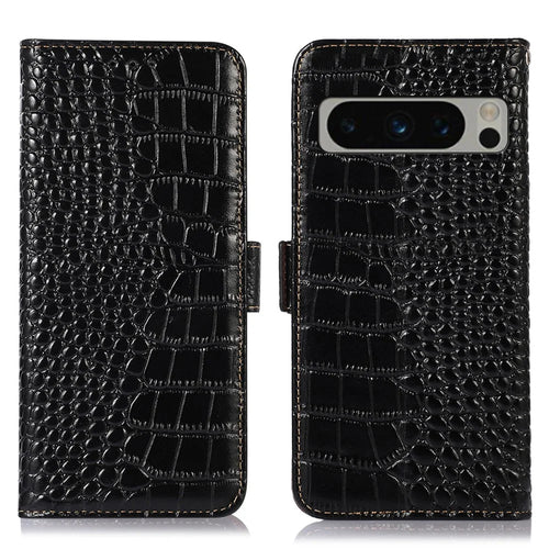 For Google Pixel 8 Pro RFID Blocking Genuine Cowhide Leather Crocodile Texture Case Wallet Stand Phone Cover - Black - 1