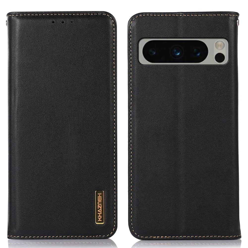 KHAZNEH For Google Pixel 8 Pro Anti-fall Phone Cover RFID Blocking Genuine Cowhide Leather Stand Wallet Case - Black - 1