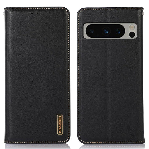 KHAZNEH For Google Pixel 8 Pro Anti-fall Phone Cover RFID Blocking Genuine Cowhide Leather Stand Wallet Case - Black - 1